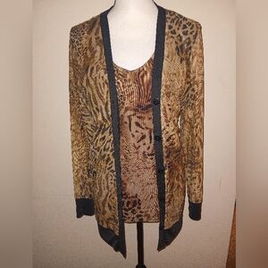 Chico's Animal Print Cardigan with Black Trim And Matching Camisole SZ L